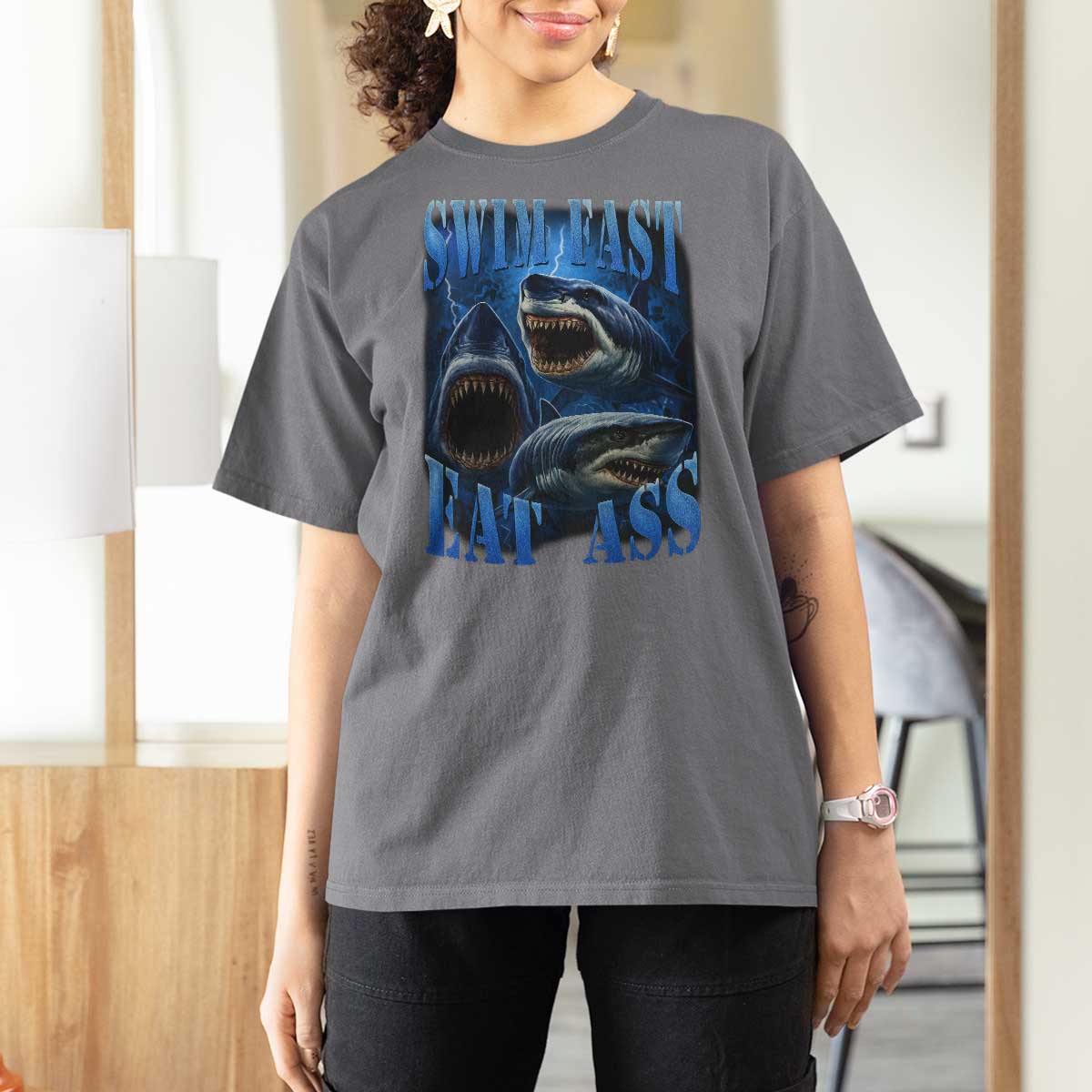 Retro Sharks T Shirt For Women Swim Fast Eat Ass Vintage 90s Bootleg Graphic - Wonder Print Shop