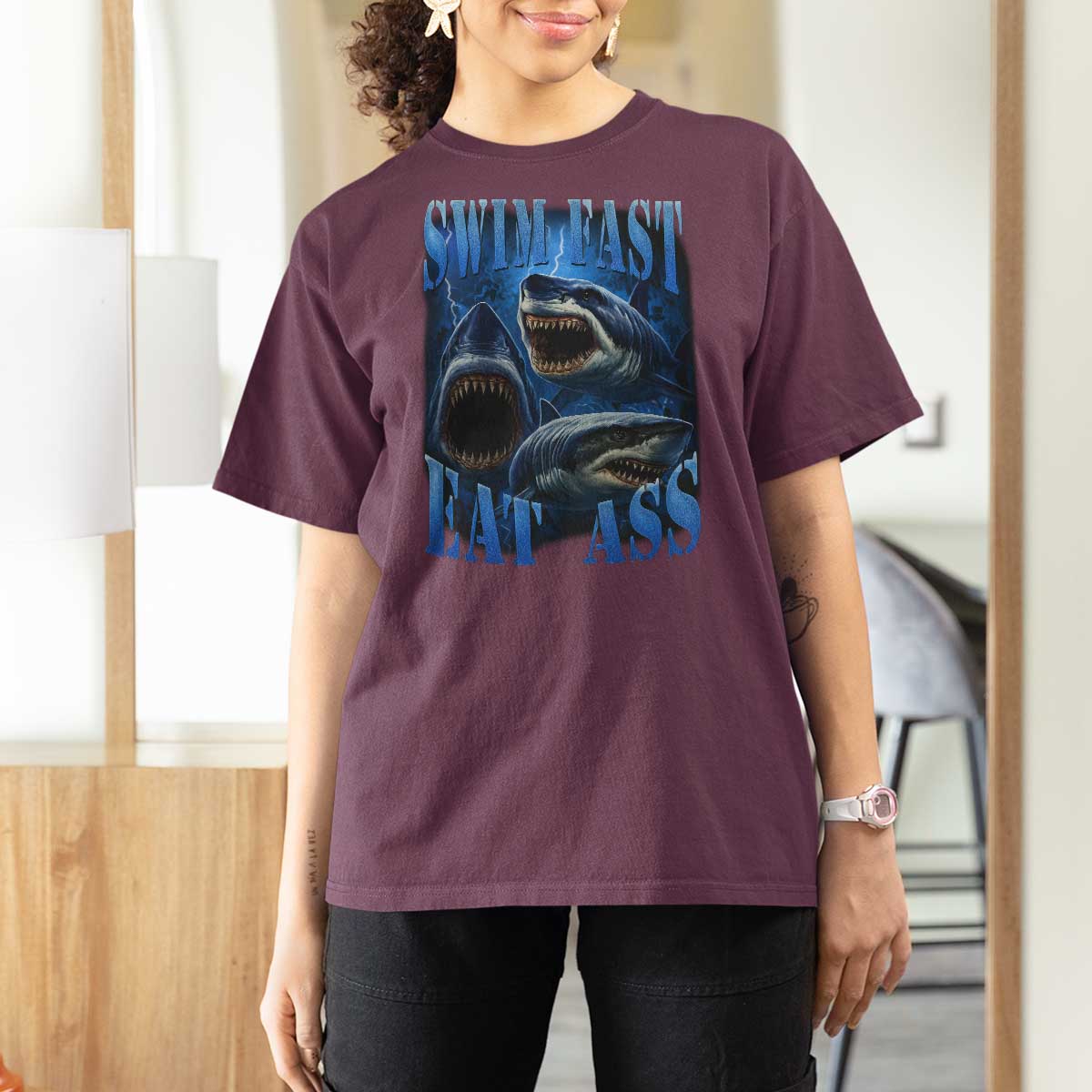 Retro Sharks T Shirt For Women Swim Fast Eat Ass Vintage 90s Bootleg Graphic - Wonder Print Shop
