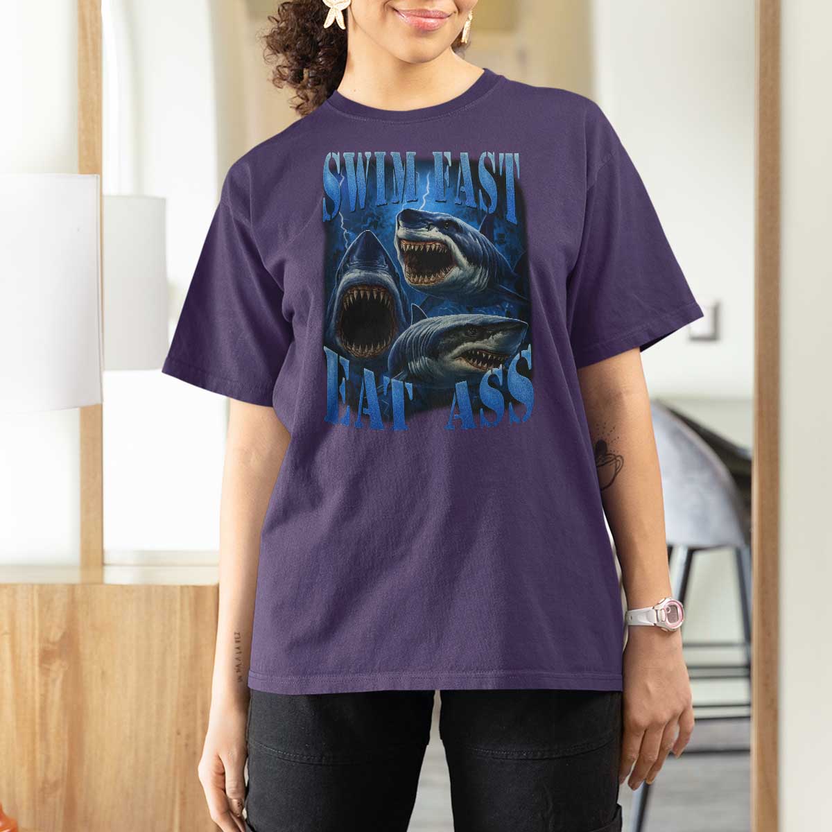 Retro Sharks T Shirt For Women Swim Fast Eat Ass Vintage 90s Bootleg Graphic - Wonder Print Shop