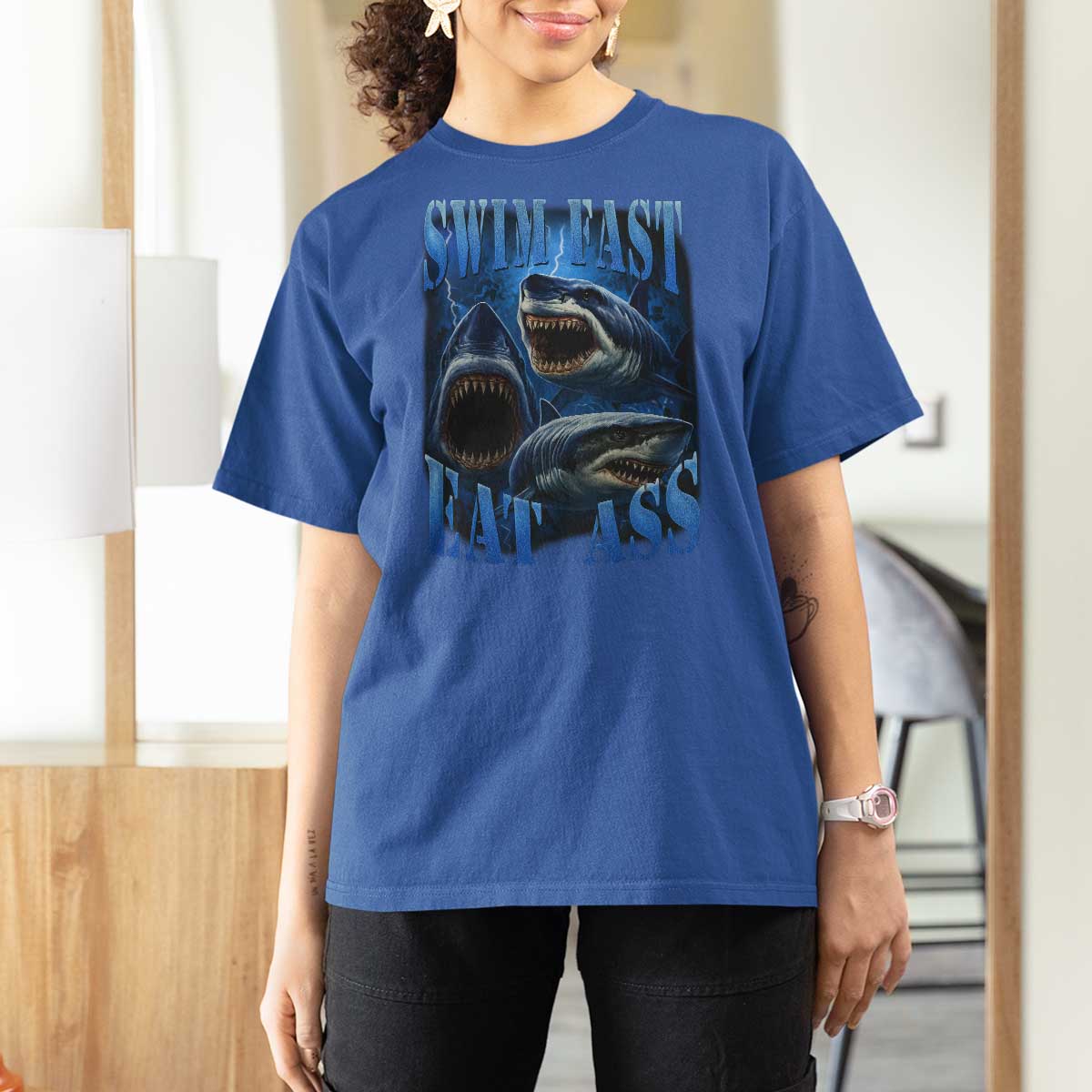 Retro Sharks T Shirt For Women Swim Fast Eat Ass Vintage 90s Bootleg Graphic - Wonder Print Shop