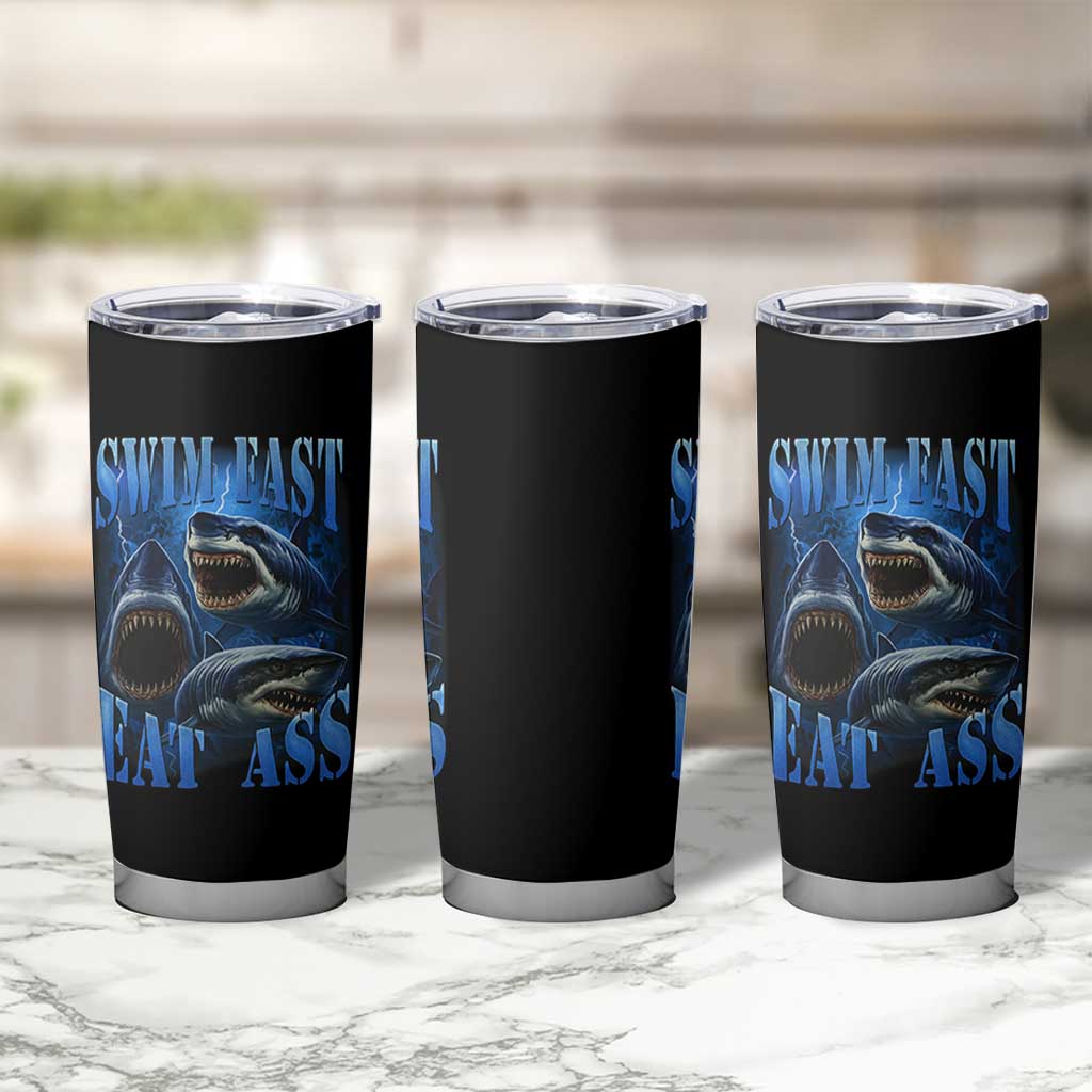 Retro Sharks Tumbler Cup Swim Fast Eat Ass Vintage 90s Bootleg Graphic - Wonder Print Shop