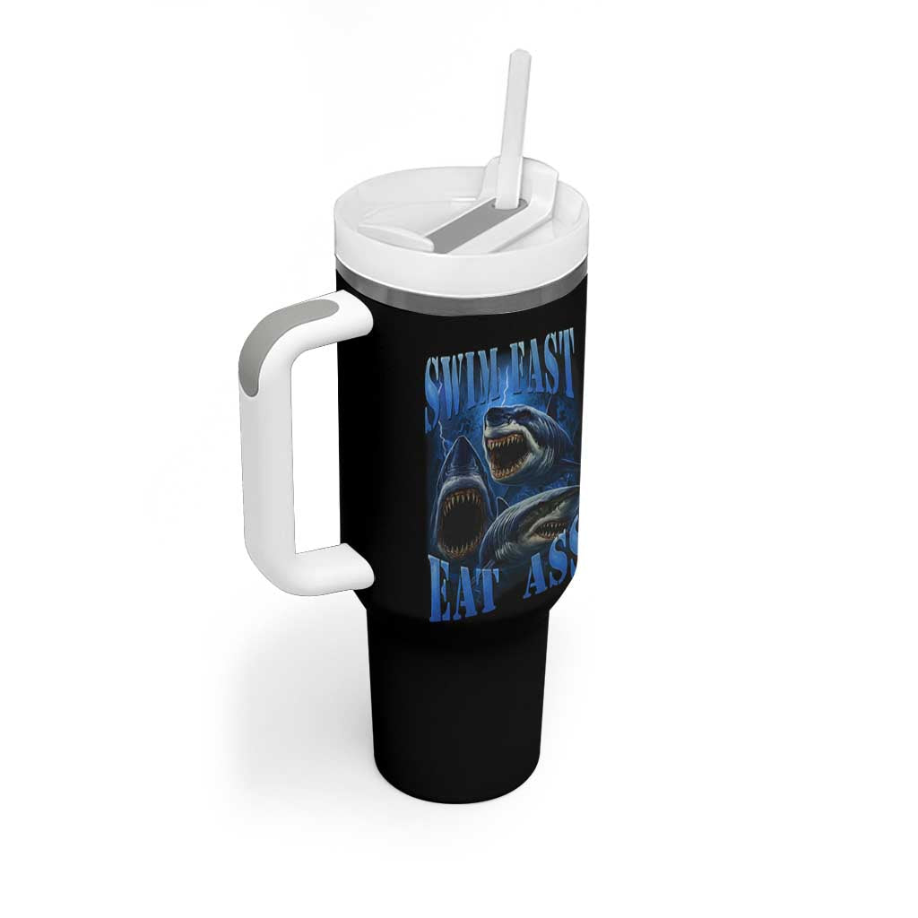 Retro Sharks Tumbler With Handle Swim Fast Eat Ass Vintage 90s Bootleg Graphic - Wonder Print Shop