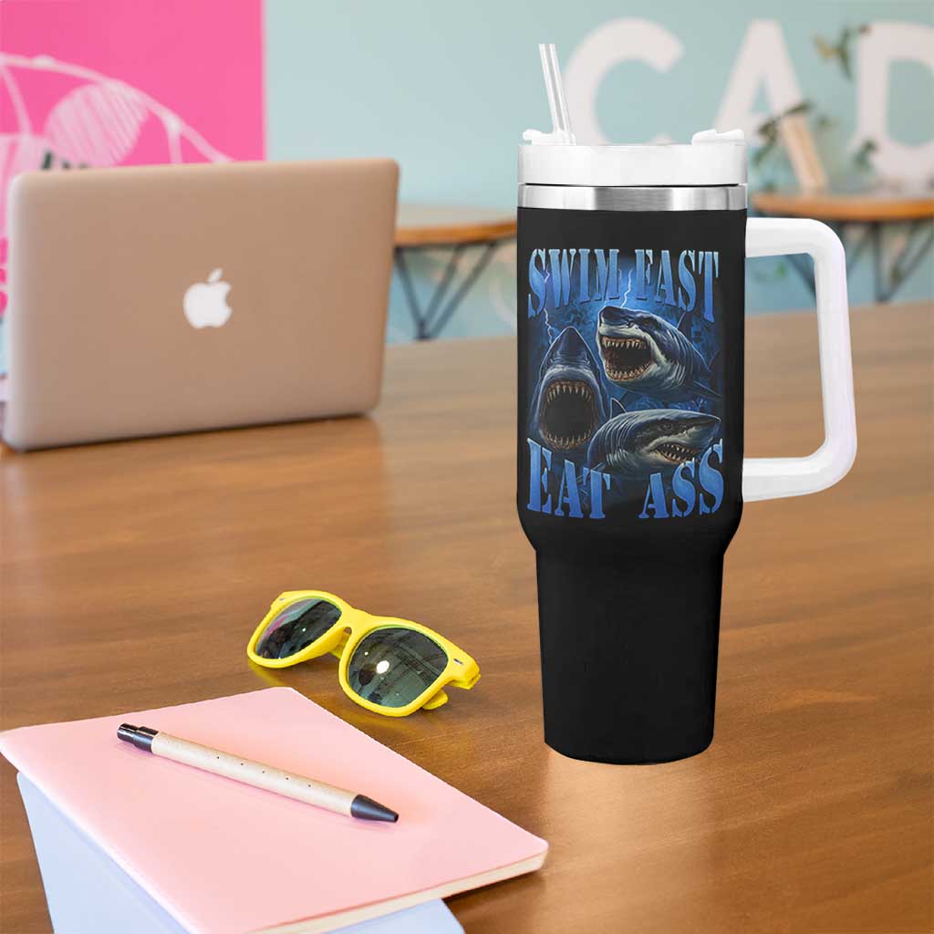 Retro Sharks Tumbler With Handle Swim Fast Eat Ass Vintage 90s Bootleg Graphic - Wonder Print Shop