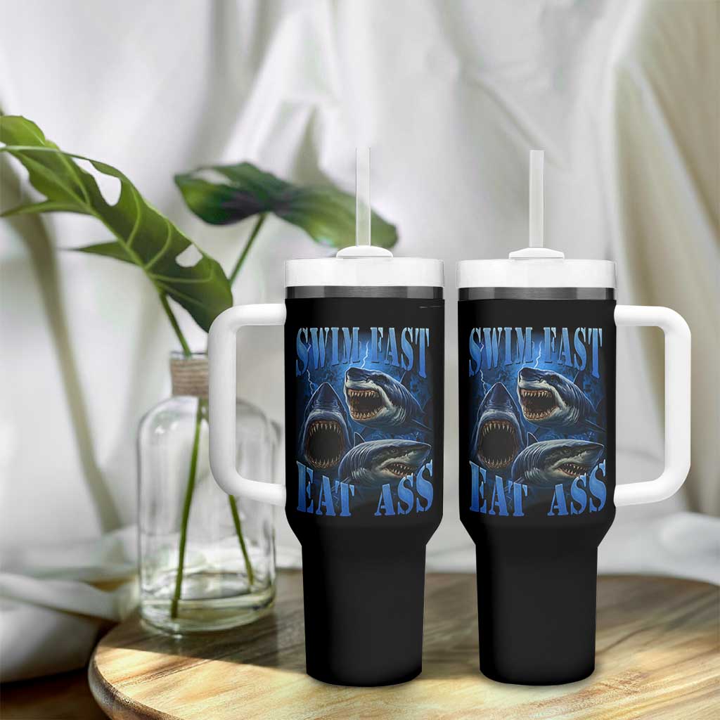 Retro Sharks Tumbler With Handle Swim Fast Eat Ass Vintage 90s Bootleg Graphic - Wonder Print Shop