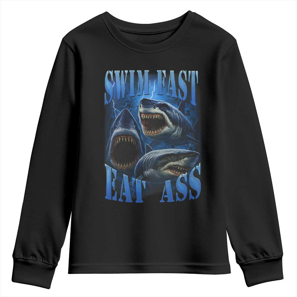 Retro Sharks Youth Sweatshirt Swim Fast Eat Ass Vintage 90s Bootleg Graphic - Wonder Print Shop