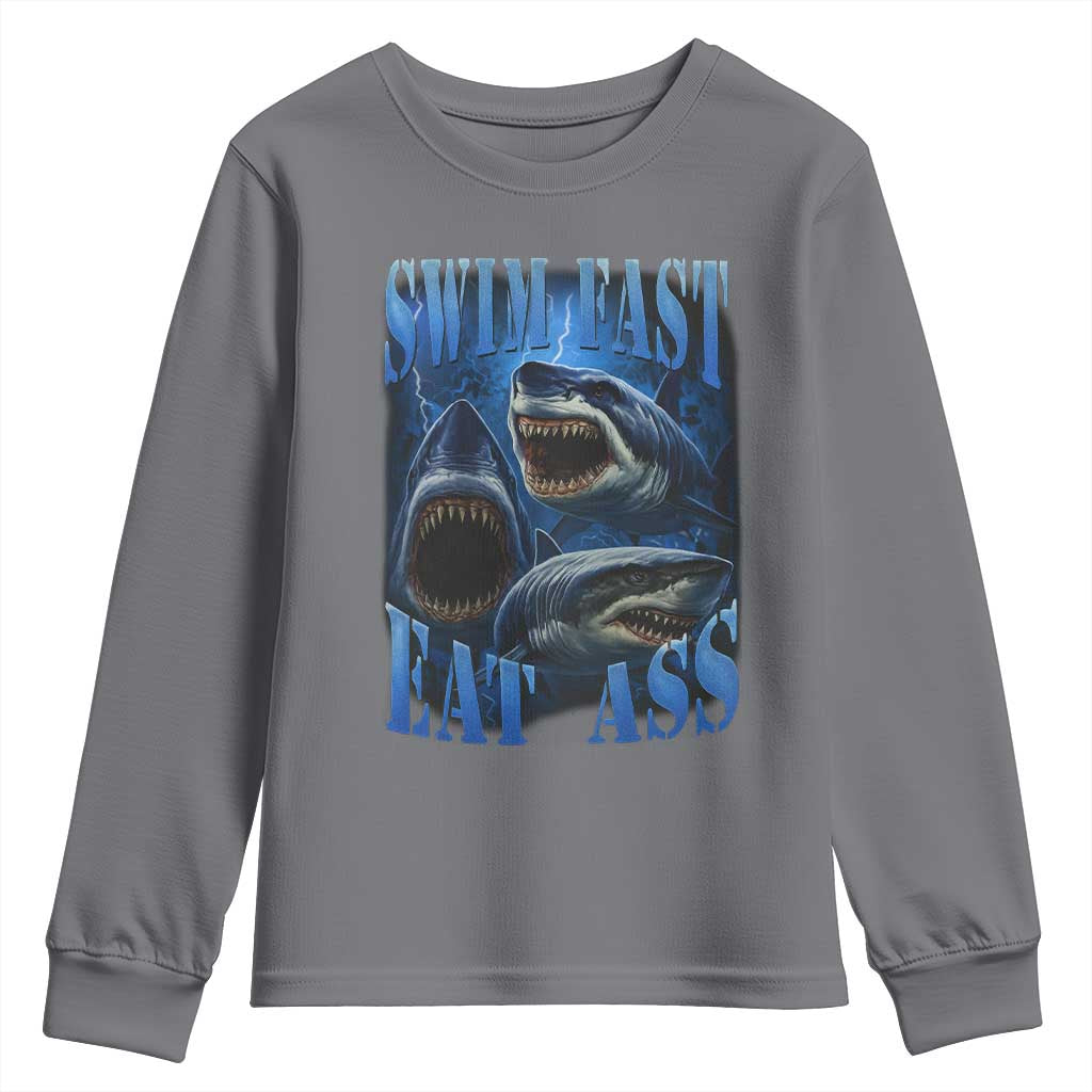 Retro Sharks Youth Sweatshirt Swim Fast Eat Ass Vintage 90s Bootleg Graphic - Wonder Print Shop