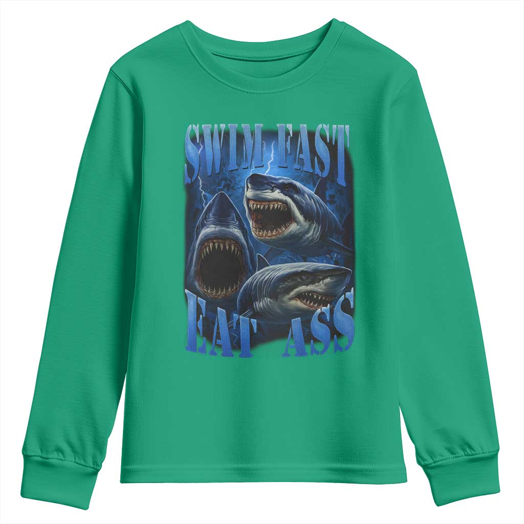 Retro Sharks Youth Sweatshirt Swim Fast Eat Ass Vintage 90s Bootleg Graphic - Wonder Print Shop