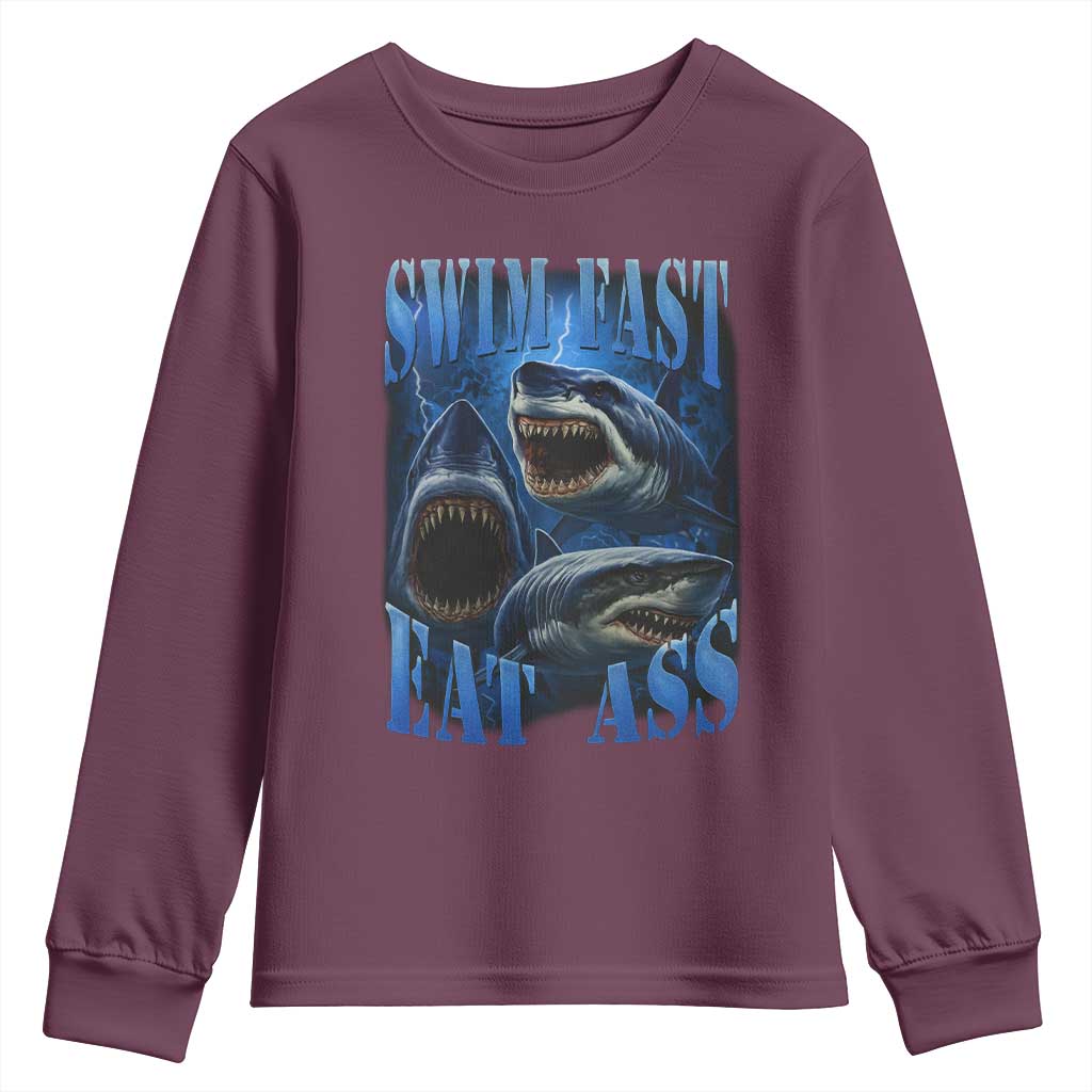 Retro Sharks Youth Sweatshirt Swim Fast Eat Ass Vintage 90s Bootleg Graphic - Wonder Print Shop