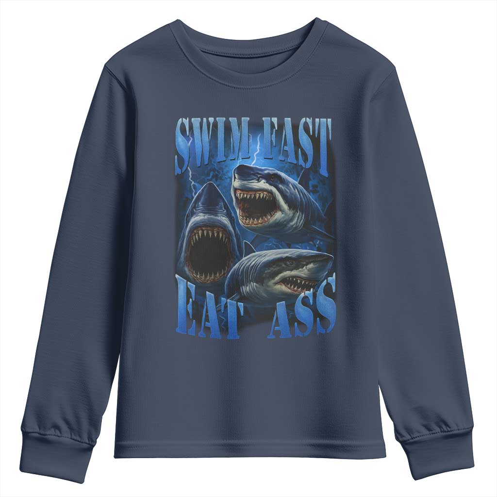 Retro Sharks Youth Sweatshirt Swim Fast Eat Ass Vintage 90s Bootleg Graphic - Wonder Print Shop