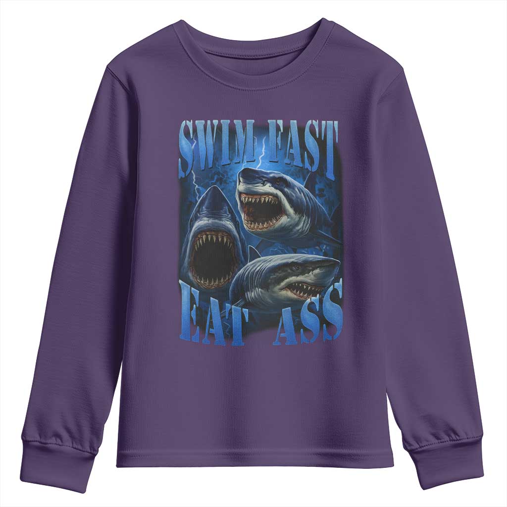 Retro Sharks Youth Sweatshirt Swim Fast Eat Ass Vintage 90s Bootleg Graphic - Wonder Print Shop