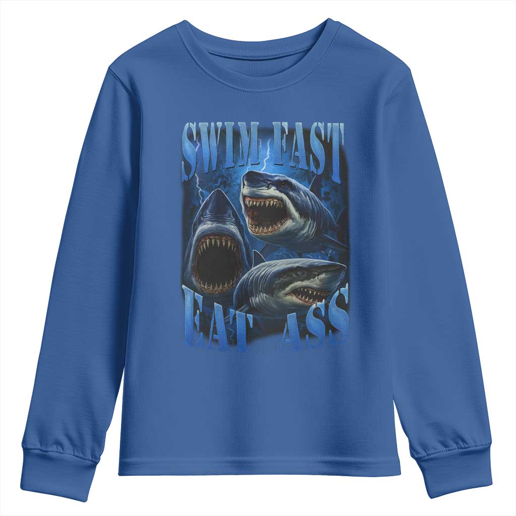 Retro Sharks Youth Sweatshirt Swim Fast Eat Ass Vintage 90s Bootleg Graphic - Wonder Print Shop