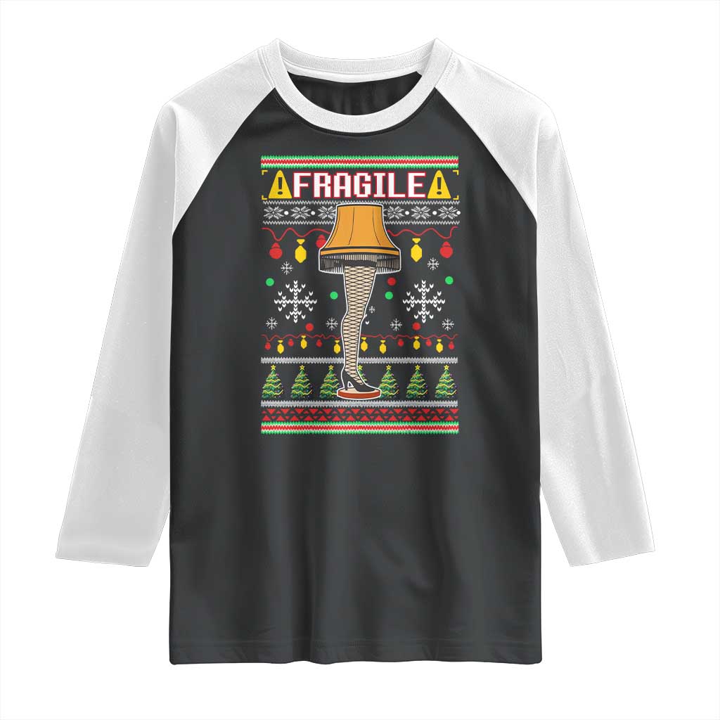 Leg Lamp Ugly Christmas Raglan Shirt Funny Xmas Movie Fragile - Wonder Print Shop