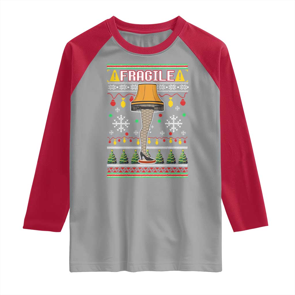 Leg Lamp Ugly Christmas Raglan Shirt Funny Xmas Movie Fragile - Wonder Print Shop