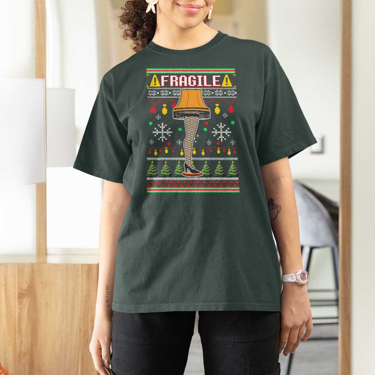 Leg Lamp Ugly Christmas T Shirt For Women Funny Xmas Movie Fragile - Wonder Print Shop
