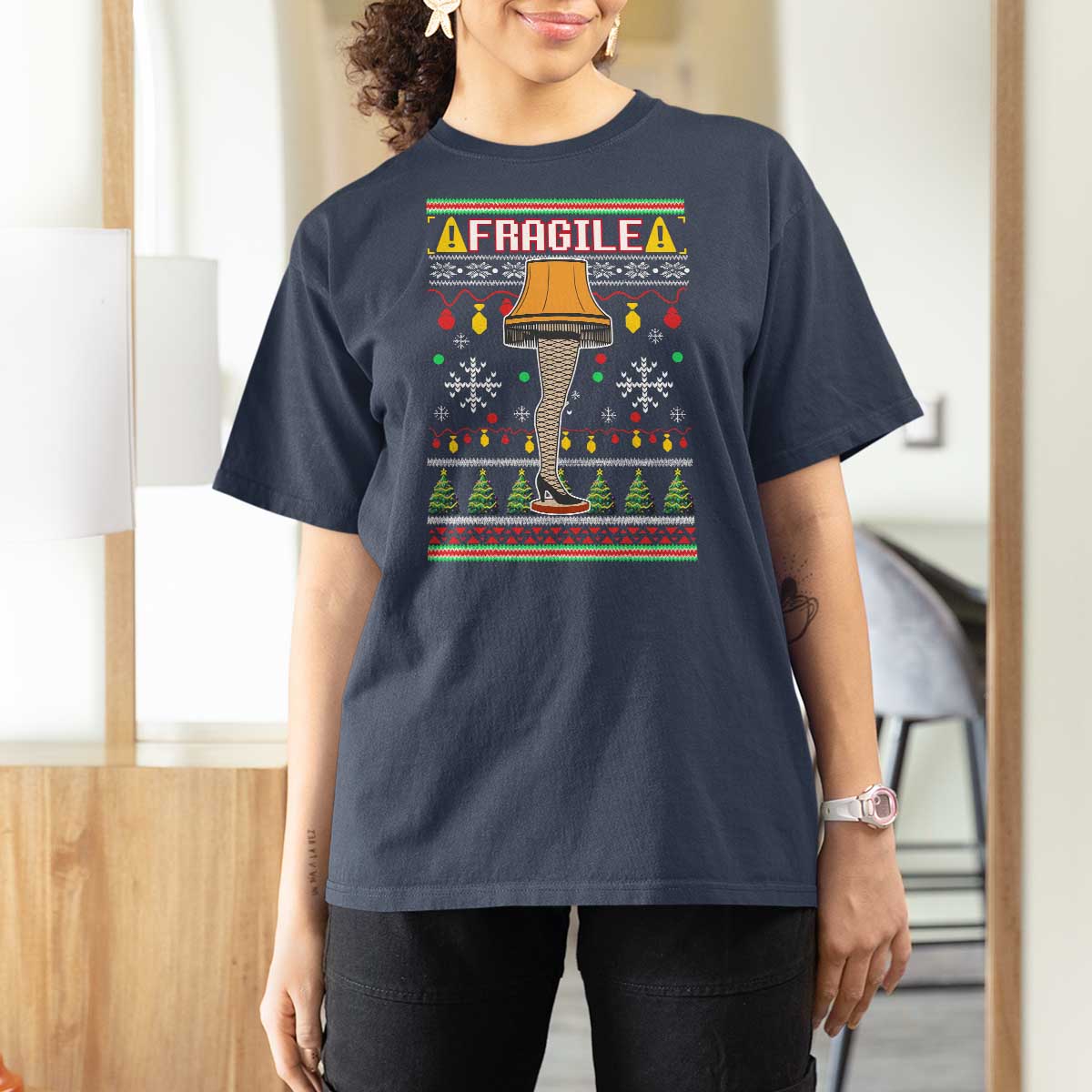 Leg Lamp Ugly Christmas T Shirt For Women Funny Xmas Movie Fragile - Wonder Print Shop