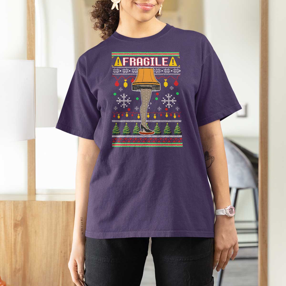 Leg Lamp Ugly Christmas T Shirt For Women Funny Xmas Movie Fragile - Wonder Print Shop