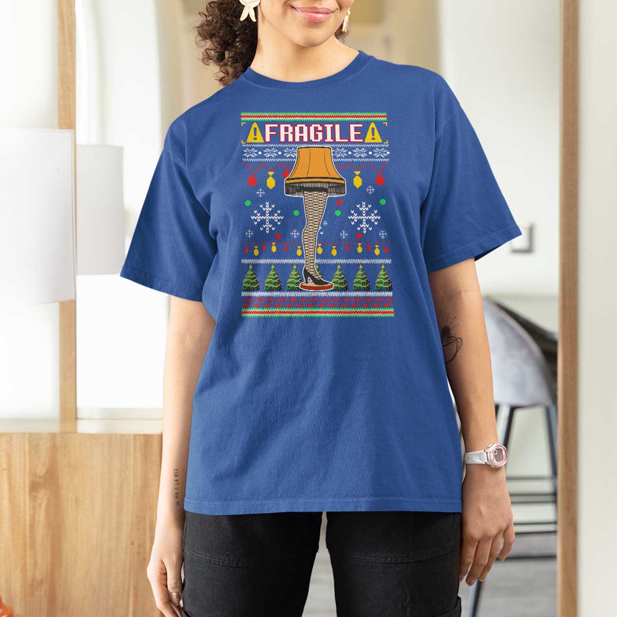 Leg Lamp Ugly Christmas T Shirt For Women Funny Xmas Movie Fragile - Wonder Print Shop