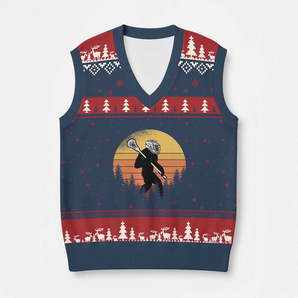 Funny Lax Bigfoot V-Neck Knit Sweater Vest Retro Vintage Sasquatch Lacrosse - Wonder Print Shop