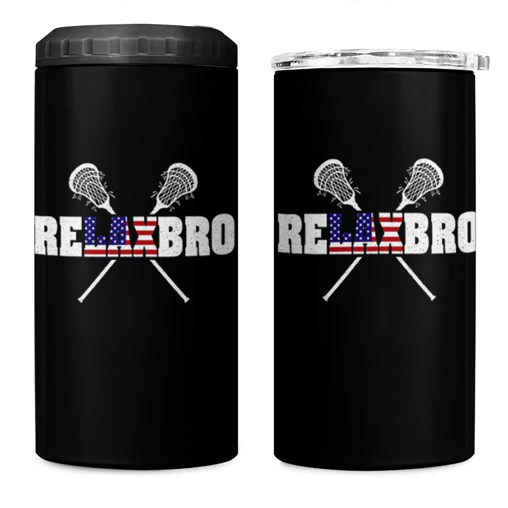 Funny Lacrosse 4 in 1 Can Cooler Tumbler American Flag Relax Bro Lax Lover Joke
