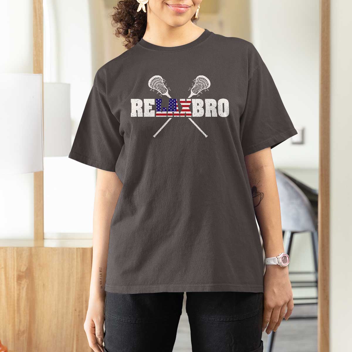 Funny Lacrosse T Shirt For Women American Flag Relax Bro Lax Lover Joke