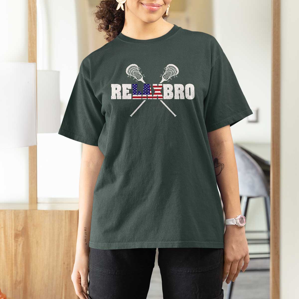 Funny Lacrosse T Shirt For Women American Flag Relax Bro Lax Lover Joke