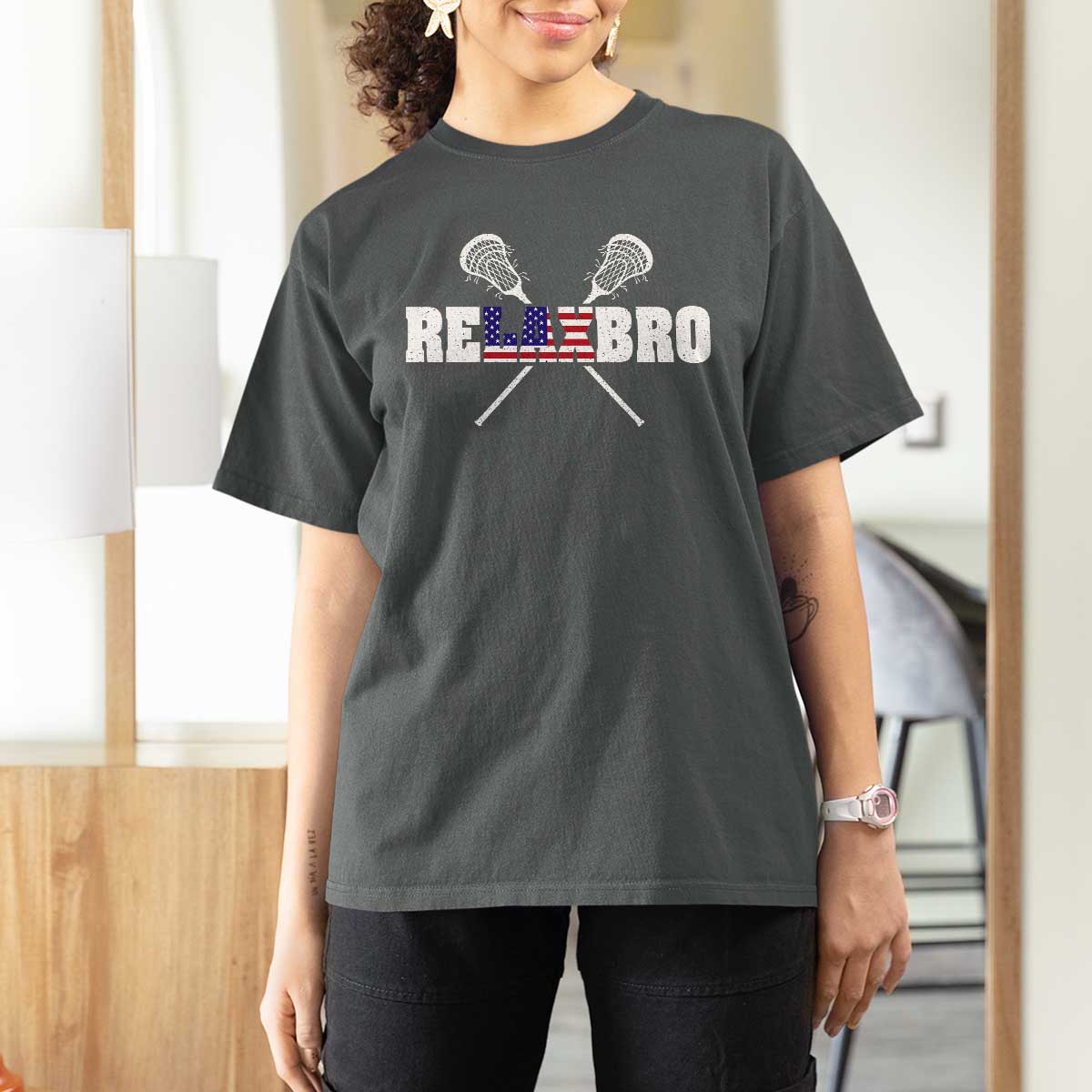 Funny Lacrosse T Shirt For Women American Flag Relax Bro Lax Lover Joke