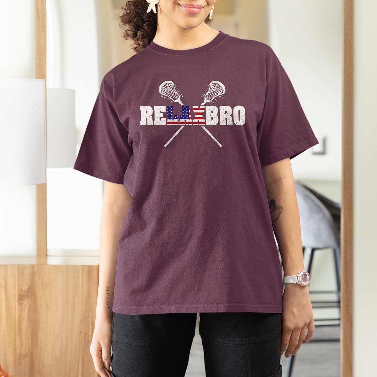 Funny Lacrosse T Shirt For Women American Flag Relax Bro Lax Lover Joke