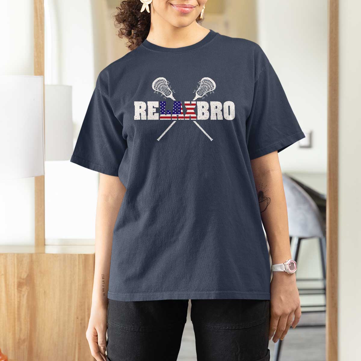 Funny Lacrosse T Shirt For Women American Flag Relax Bro Lax Lover Joke