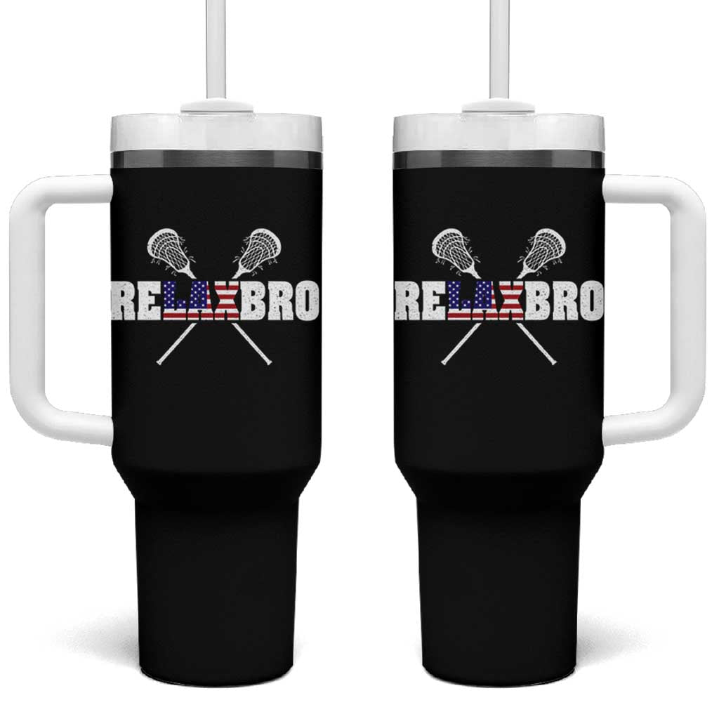 Funny Lacrosse Tumbler With Handle American Flag Relax Bro Lax Lover Joke