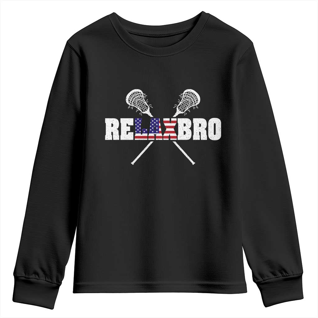 Funny Lacrosse Youth Sweatshirt American Flag Relax Bro Lax Lover Joke