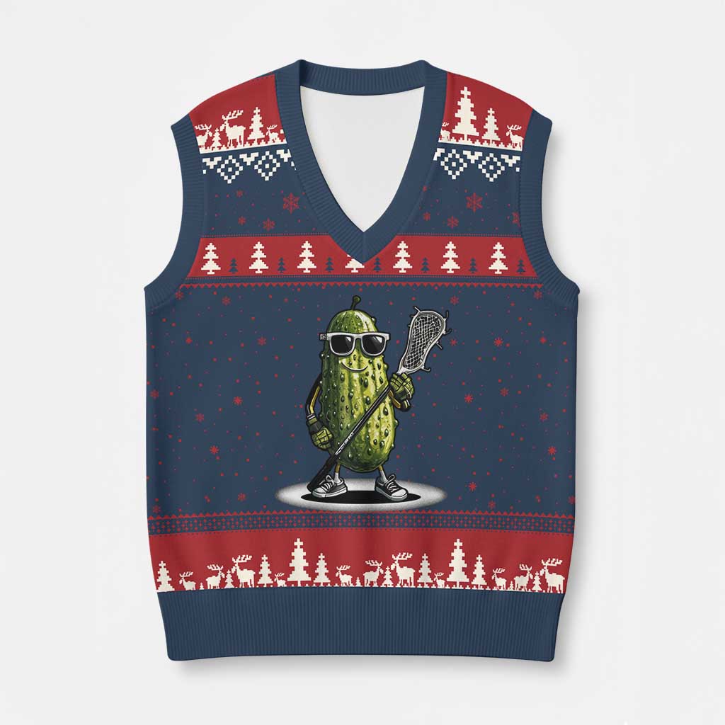 Funny Lacrosse V-Neck Knit Sweater Vest Pickle Playing Lax Lover Player - Wonder Print Shop
