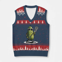 Funny Lacrosse V-Neck Knit Sweater Vest Pickle Playing Lax Lover Player - Wonder Print Shop