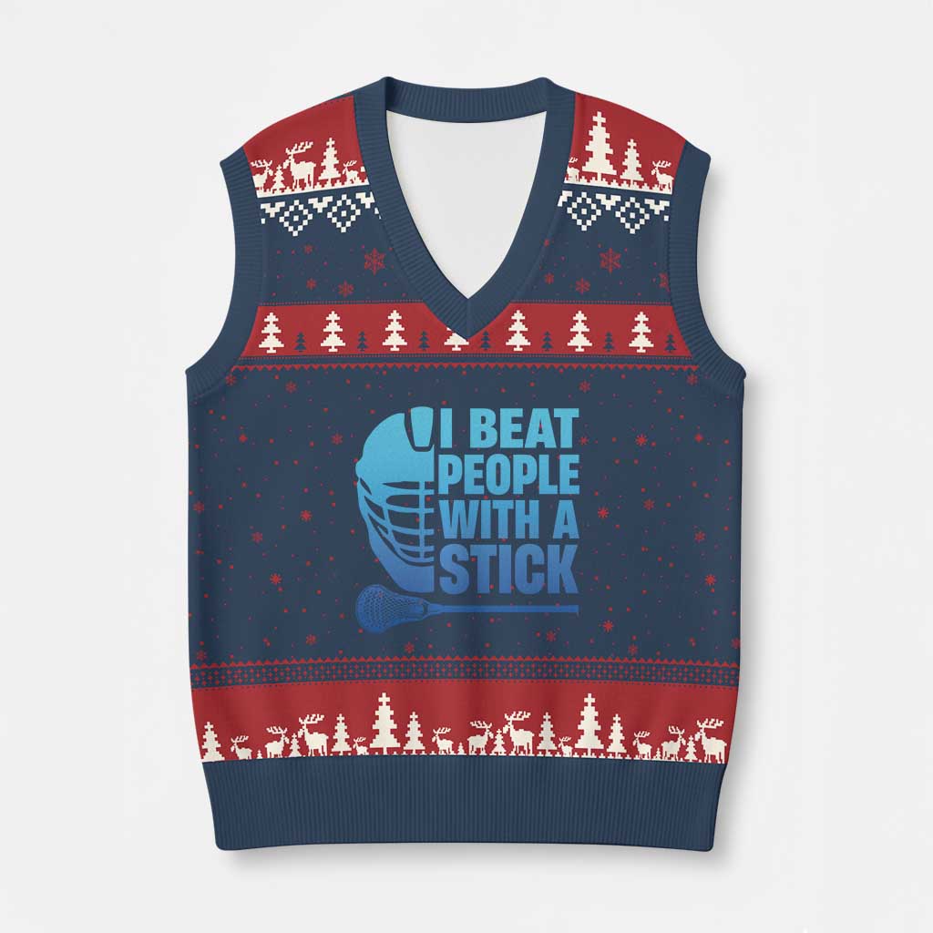 Funny Lacrosse Player V-Neck Knit Sweater Vest I Beat People With A Stick Funny Saying - Wonder Print Shop