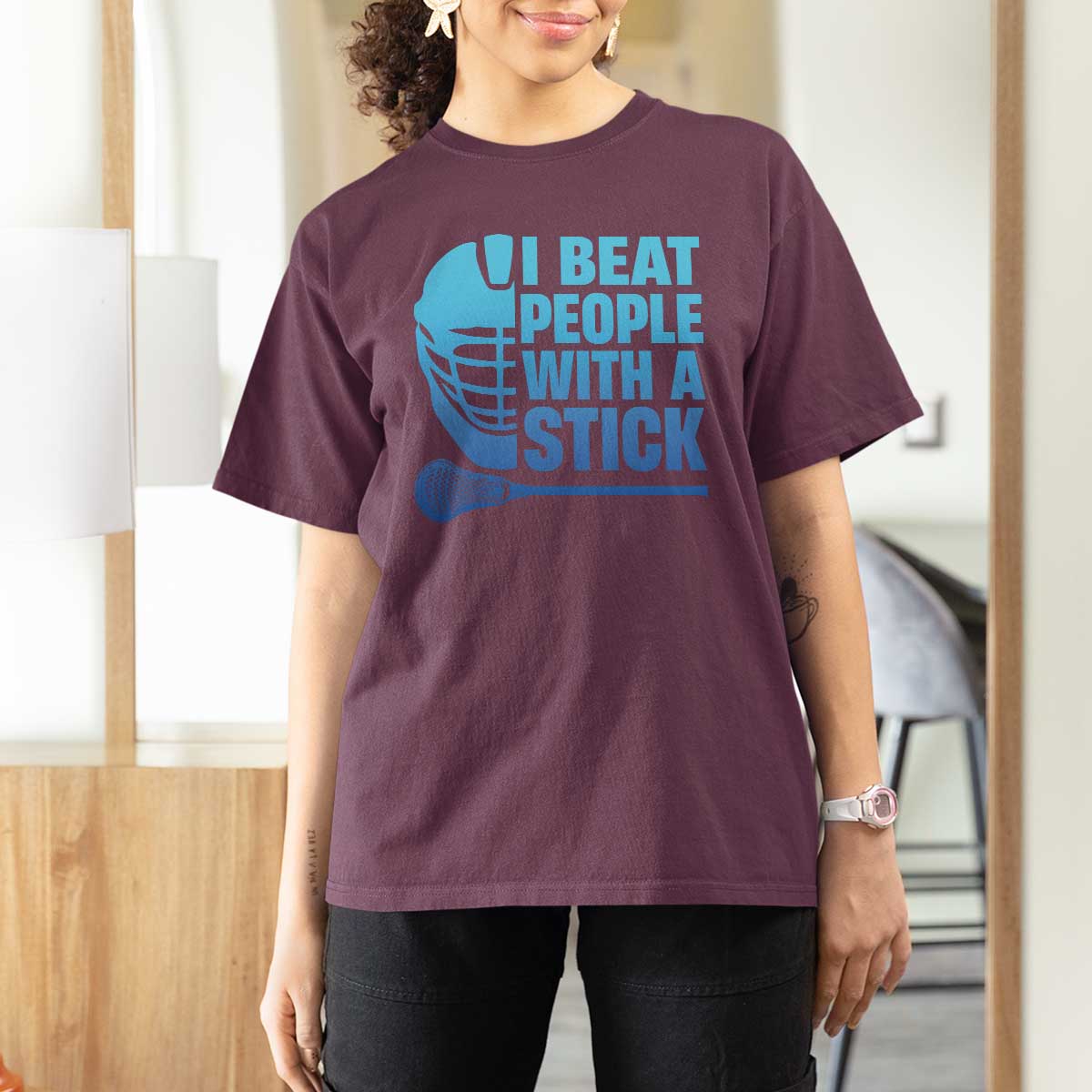 Funny Lacrosse Player T Shirt For Women I Beat People With A Stick Funny Saying - Wonder Print Shop