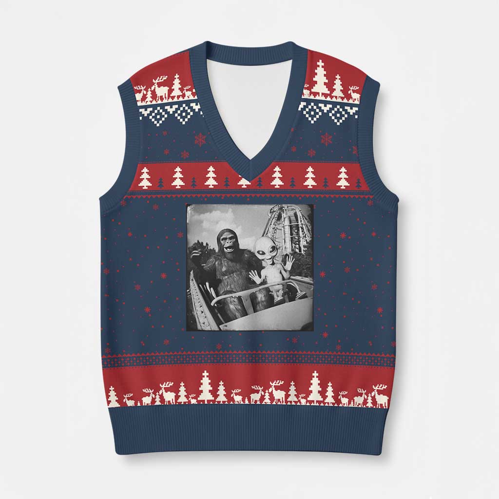 Funny Bigfoot Alien V-Neck Knit Sweater Vest Sasquatch UFO Coaster - Wonder Print Shop