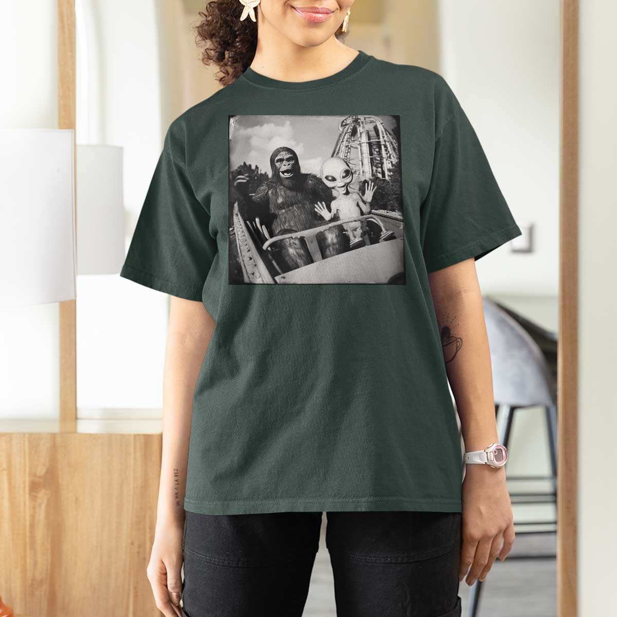 Funny Bigfoot Alien T Shirt For Women Sasquatch UFO Coaster - Wonder Print Shop