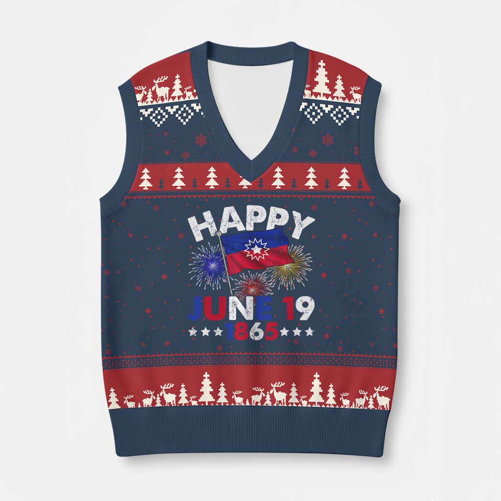 Juneteenth Flag V-Neck Knit Sweater Vest Black Freedom Black History June 19 1865 - Wonder Print Shop