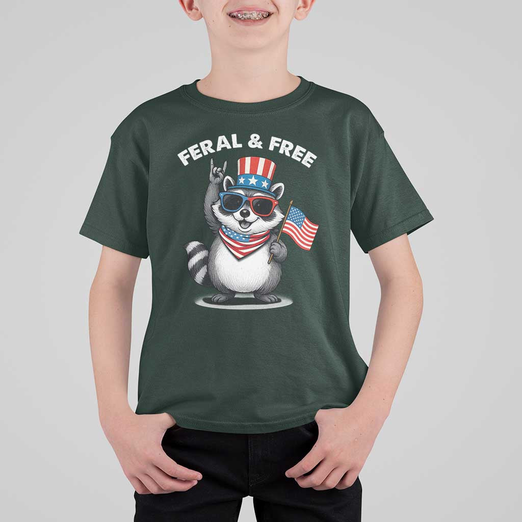 Funny Raccoon July 4th T Shirt For Kid Patriotic Trash Panda Feral But Free - Wonder Print Shop