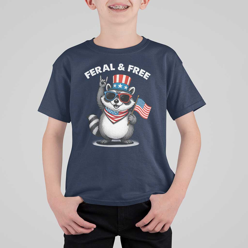 Funny Raccoon July 4th T Shirt For Kid Patriotic Trash Panda Feral But Free - Wonder Print Shop