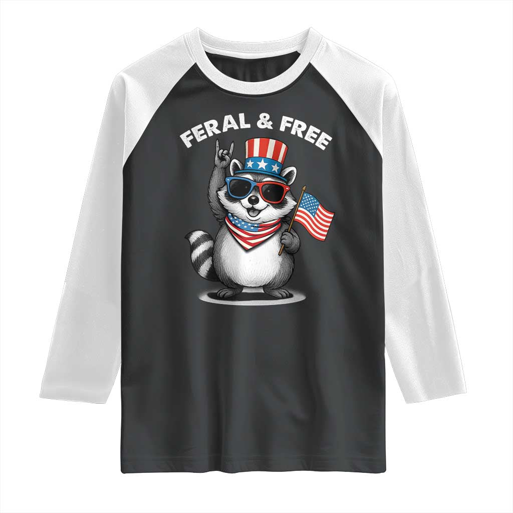 Funny Raccoon July 4th Raglan Shirt Patriotic Trash Panda Feral But Free - Wonder Print Shop