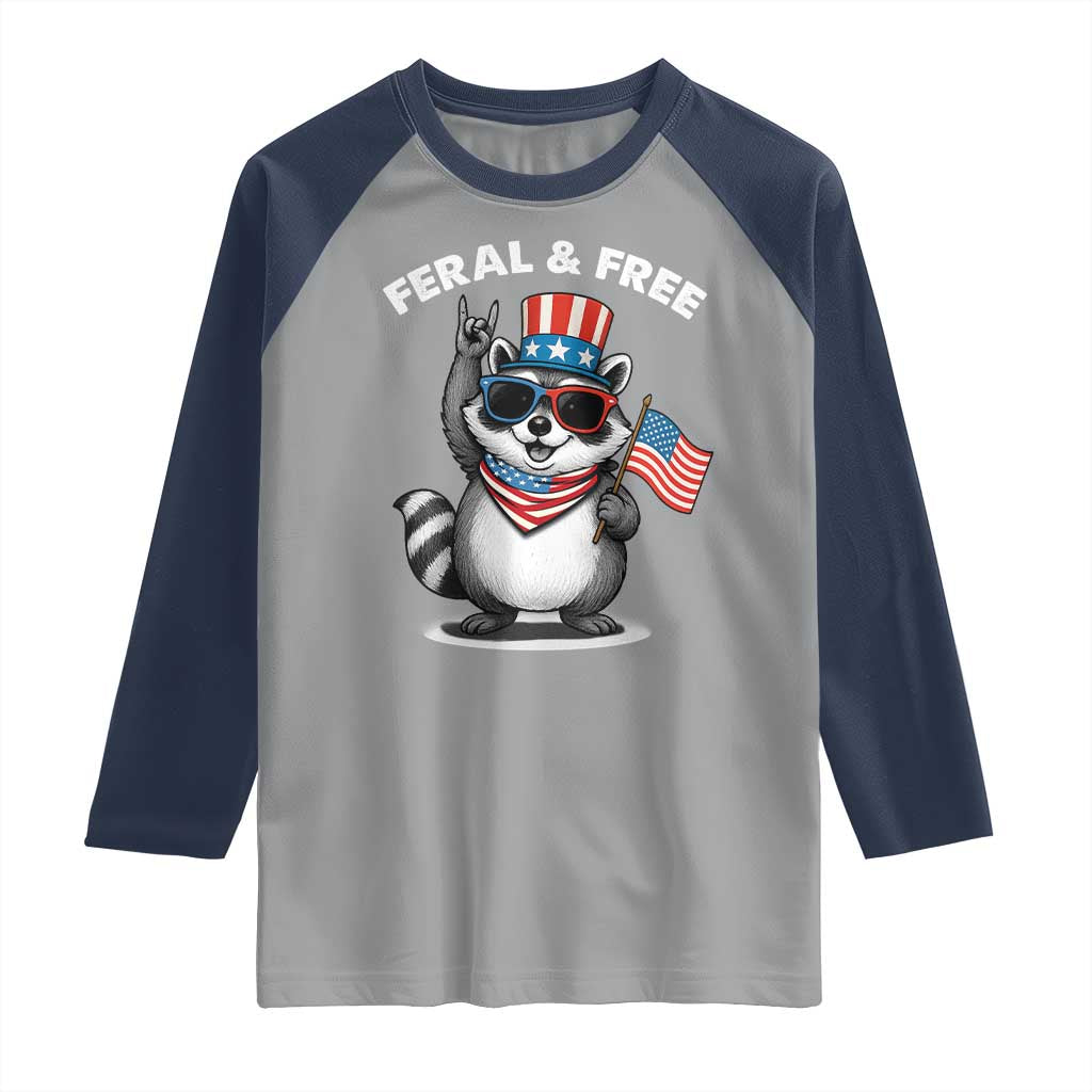 Funny Raccoon July 4th Raglan Shirt Patriotic Trash Panda Feral But Free - Wonder Print Shop