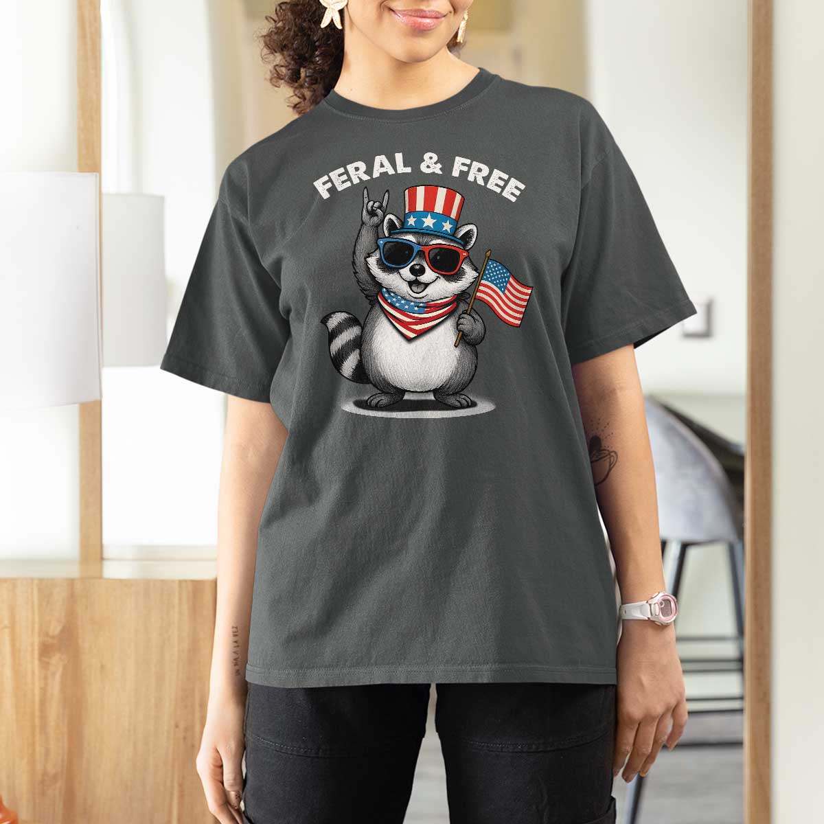 Funny Raccoon July 4th T Shirt For Women Patriotic Trash Panda Feral But Free - Wonder Print Shop