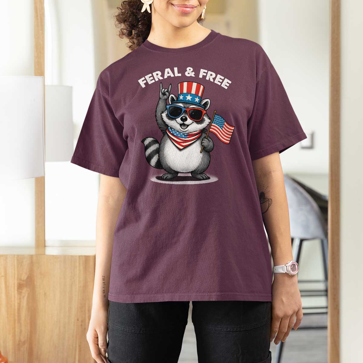 Funny Raccoon July 4th T Shirt For Women Patriotic Trash Panda Feral But Free - Wonder Print Shop