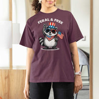Funny Raccoon July 4th T Shirt For Women Patriotic Trash Panda Feral But Free - Wonder Print Shop