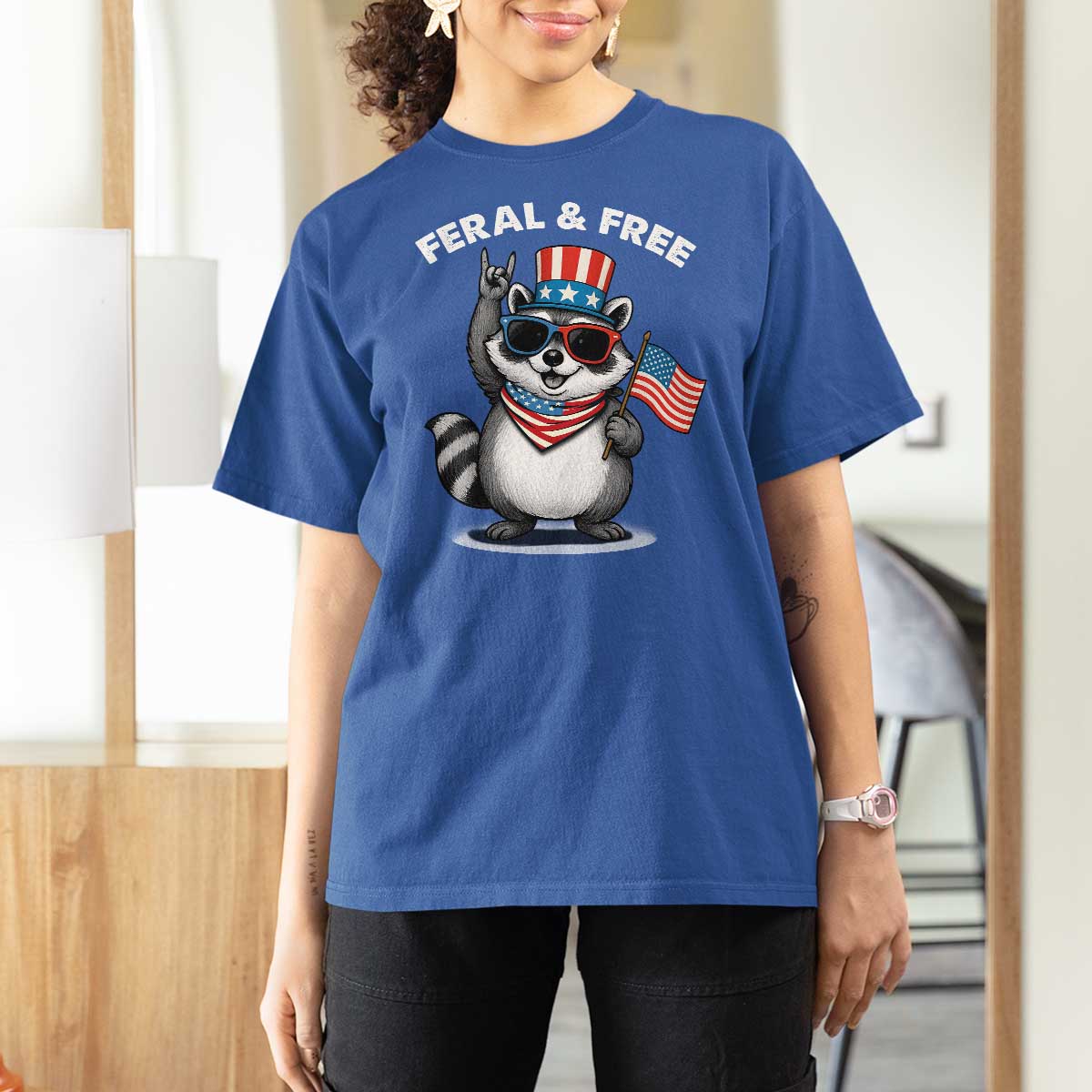 Funny Raccoon July 4th T Shirt For Women Patriotic Trash Panda Feral But Free - Wonder Print Shop