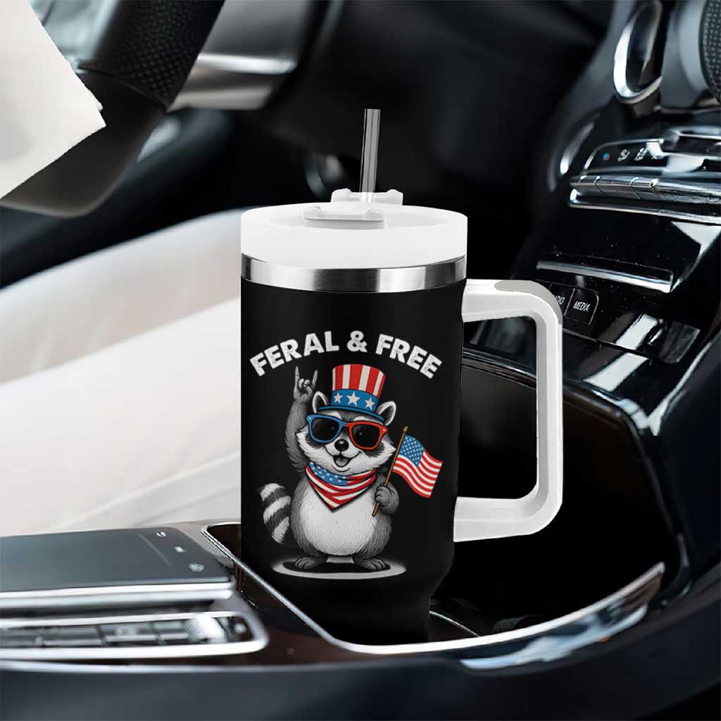Funny Raccoon July 4th Tumbler With Handle Patriotic Trash Panda Feral But Free - Wonder Print Shop