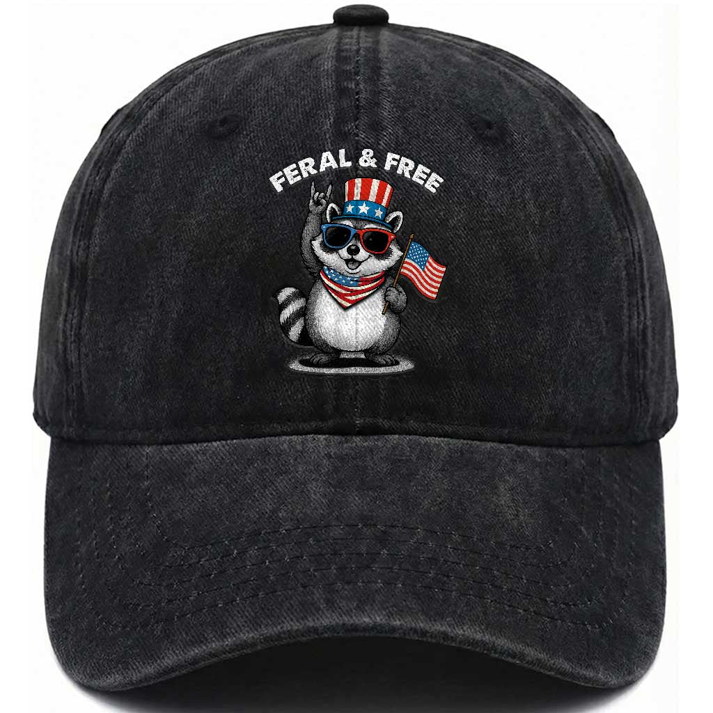 Funny Raccoon July 4th Washed Cotton Baseball Cap Patriotic Trash Panda Feral But Free