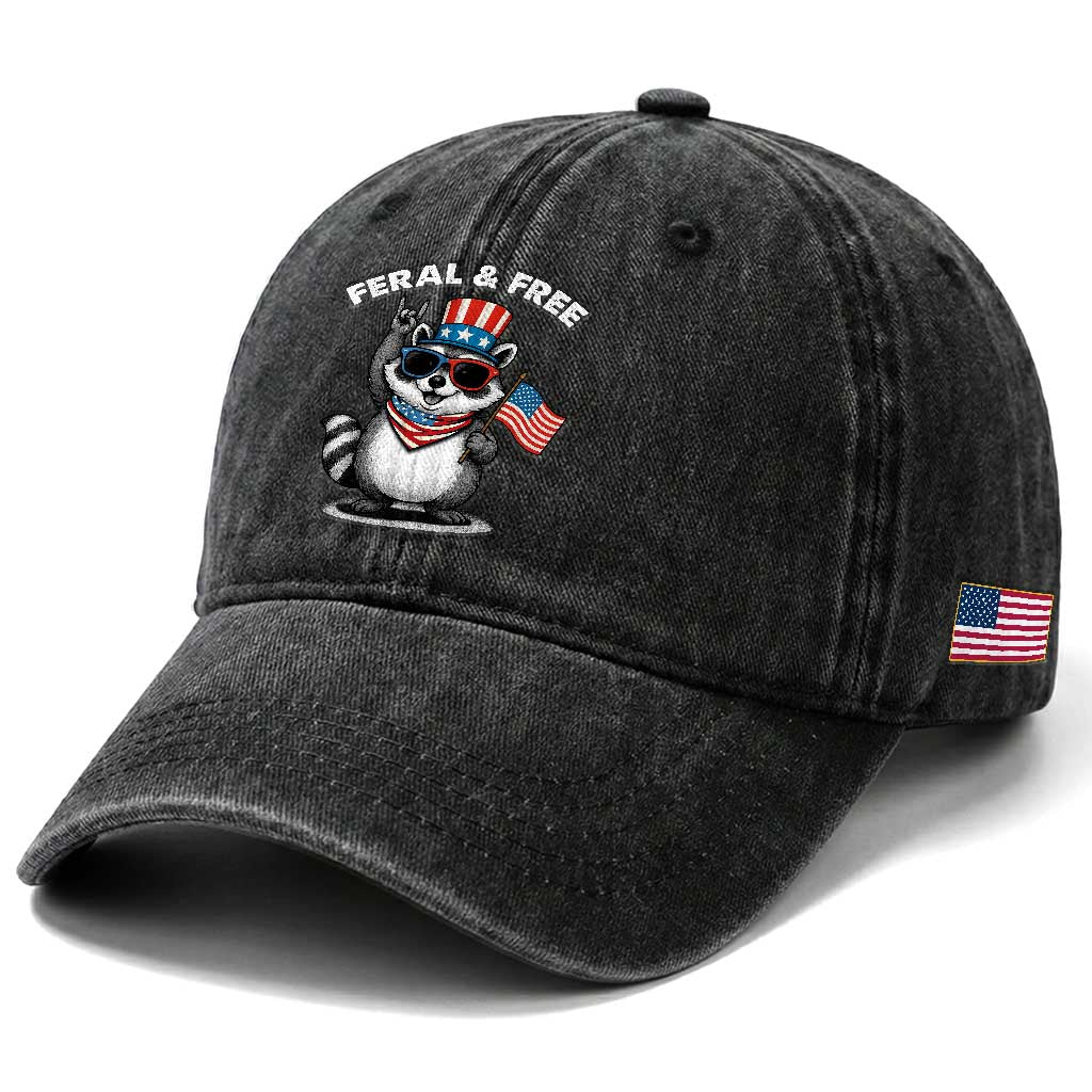 Funny Raccoon July 4th Washed Cotton Baseball Cap Patriotic Trash Panda Feral But Free