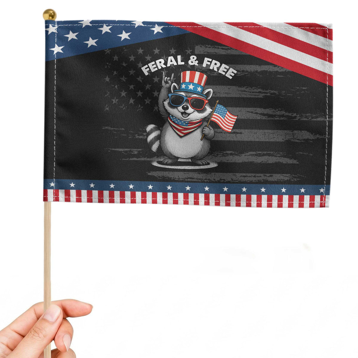 Funny Raccoon July 4th Patriotic Handheld Flag Trash Panda Feral But Free