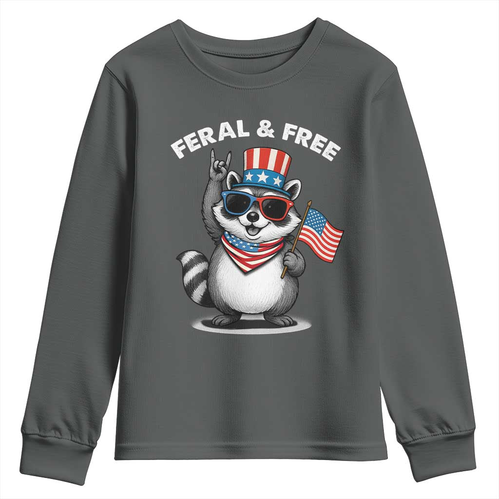 Funny Raccoon July 4th Youth Sweatshirt Patriotic Trash Panda Feral But Free - Wonder Print Shop